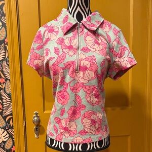 Anthropologie Pink and Blue Floral Zip-Up Polo Shirt
